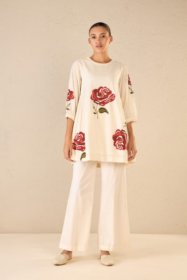 Royal Rose: Ivory Side Gathers Tunic — SHIVANI BHARGAVA