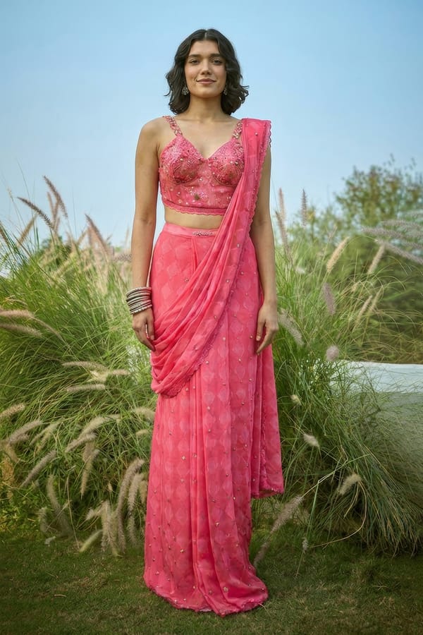 Pink Embroided Pre- Draped Saree And Blouse — Basil Leaf
