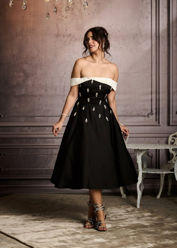 Black Off-Shoulder Satin A-Line Midi Dress with Crystals — Lea Clothing