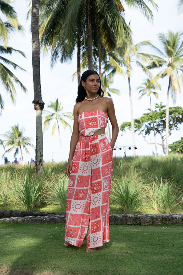 Coral Printed Bandeau Top and Wide-Leg Pants Co-ord Set — Kuuky
