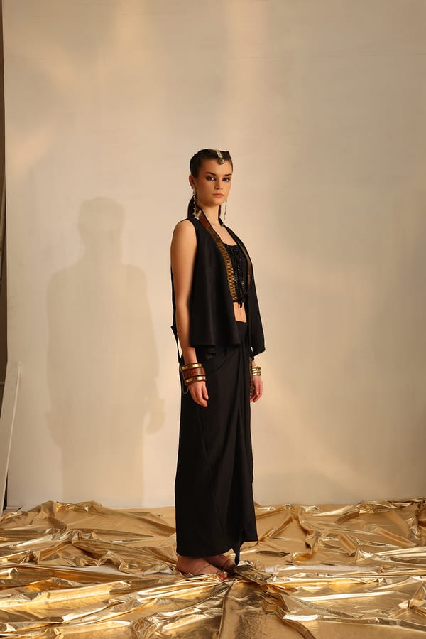 Black Cowl Waistcoat and Draped Maxi Skirt Co-ord Set — EnEch