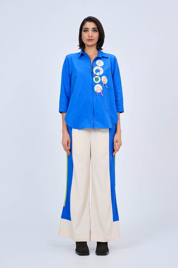 Blue Zip-Front Shirt and Wide-Leg Pants Co-ord Set — KOR