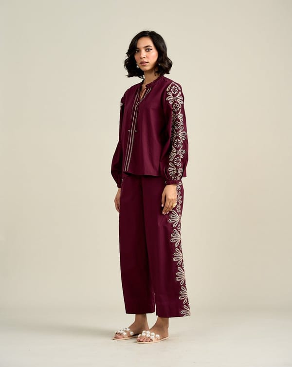 Wine Wide-Leg Cotton Trousers with Side Panel Embroidery — Style Island