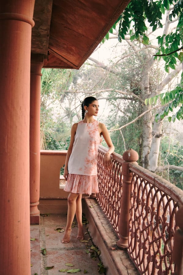 Peach Floral Shift Mini Dress with Pleated Hem — Contemponari