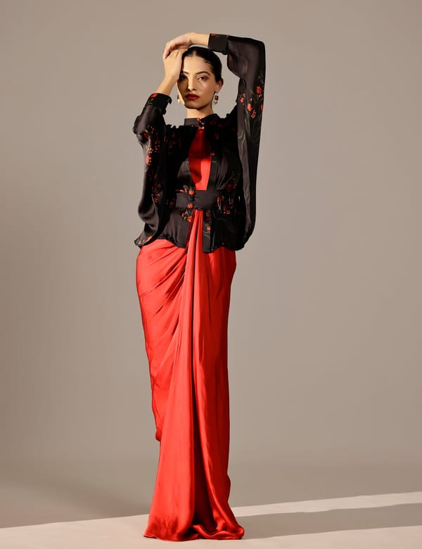 Maroon Black Draped Maxi Gown Set with Kimono and Belt — STUDIO SURBHI