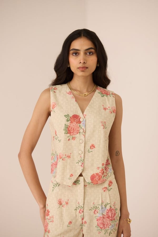 Garden Trellis Floral Cotton Linen Button-Front Vest — Calling June