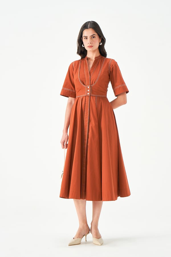 Rust Cotton Fit and Flare Midi Dress with Mandarin Collar — NOTEBOOK