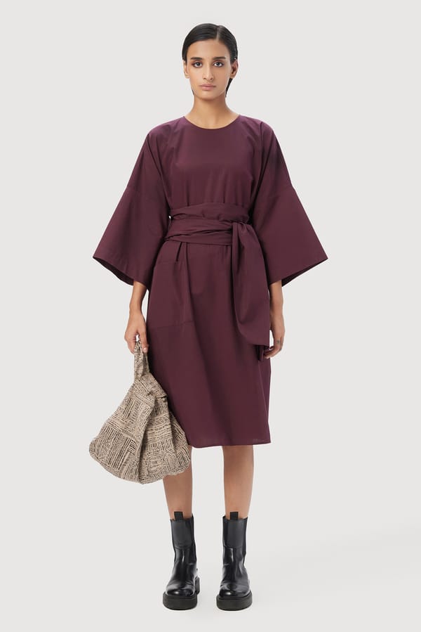 Wine Oversized Midi Dress with Kimono Sleeves and Sash — Genes Lecoanet Hemant