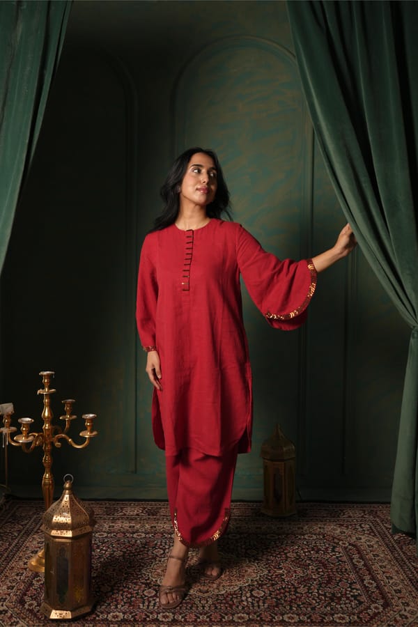 Red Linen Blend Straight Kurta Set with Hand Embroidery — Eko Clothing