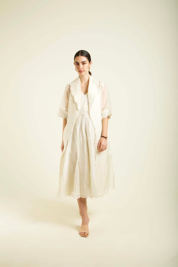 Ivory Organza Jacket With Embroidery And Strap Dress — Arcvsh Pallavi Singh
