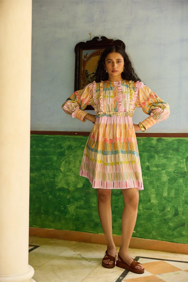 Pastel Multicolor Smocked Mini Dress with Ruffle Trim — HAPPI SPACE