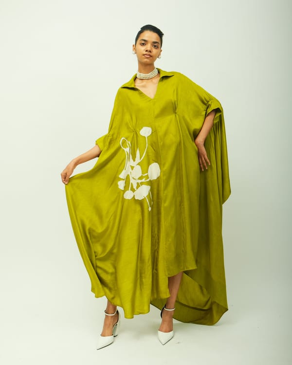 Olive Green Raw Silk Applique Maxi Kaftan — Ofrida