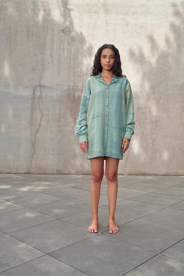 Blue Tie-Dye Hemp Mini Shirt Dress with Button Front — ALTER NATIVE