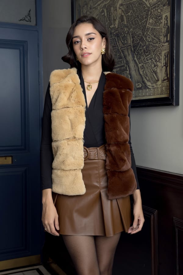 Coffee and Caramel Colorblock Faux Fur Gilet — Rhe-Ana