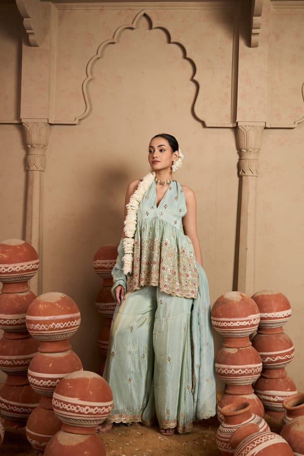 Mint Green Embroidered Halter Co-ord Set with Wide-Leg Pants — TASUVURE