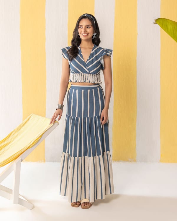 Blue & Beige Striped Skirt Set — ZAZU