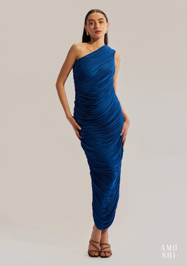 Blue One-Shoulder Ruched Bodycon Maxi Dress — AMOSHI