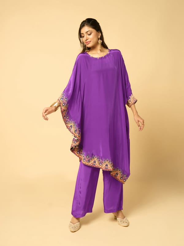 Purple Asymmetric Kaftan Kurta Set with Embroidered Border — SAUNDH