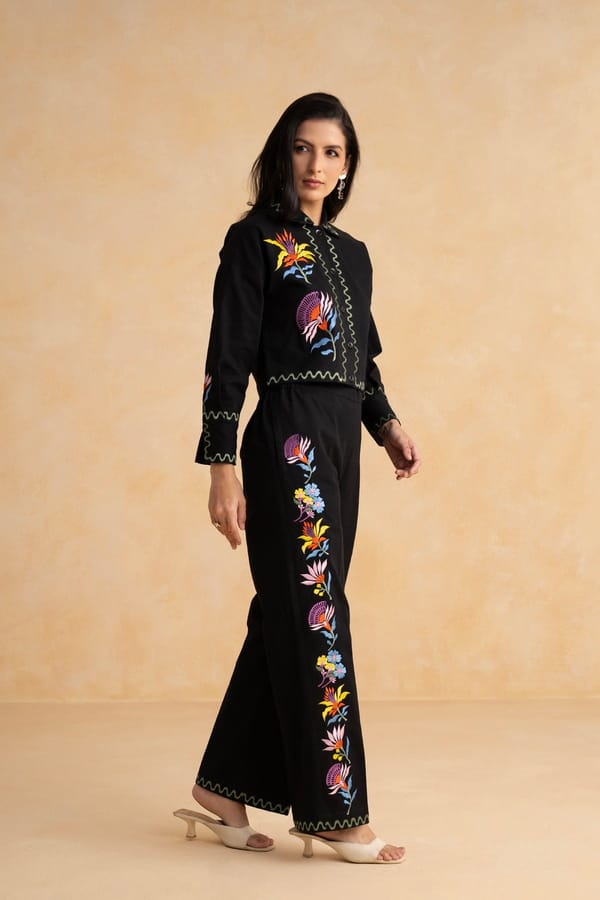 Black Embroidered Co-ord Set with Cropped Shirt and Wide-Leg Pants — Armoire