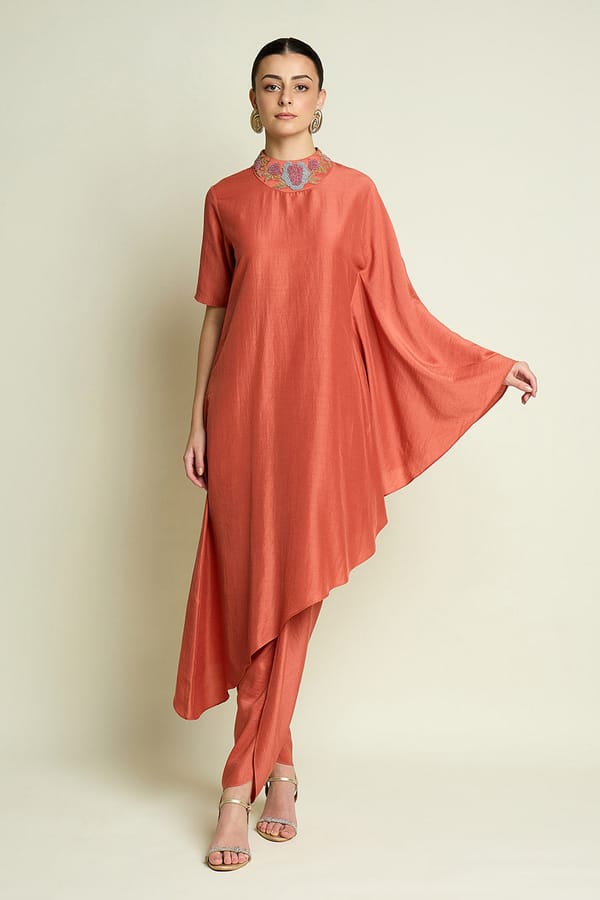 Orange Floral Neck Draped Tunic Set — Aakaar
