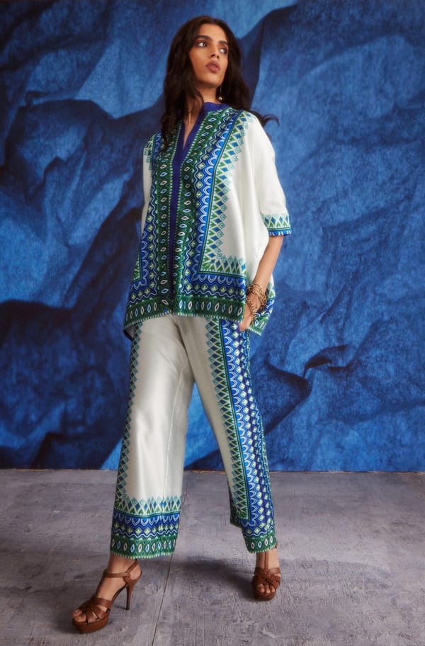 White/Blue/Green Geometric Border Print Straight Trousers — Dash and Dot