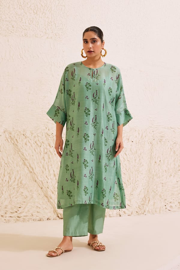 Teal Chanderi Floral Block Print Kurta Set — Dressfolk