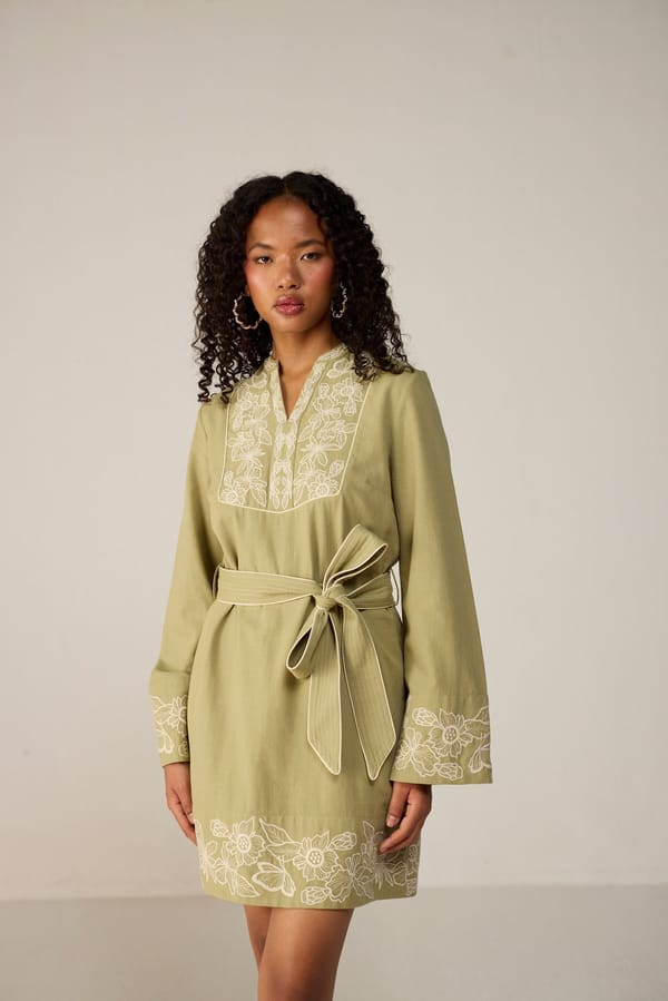 Winter Pear Cotton Linen Embroidered Mini Shift Dress — Calling June