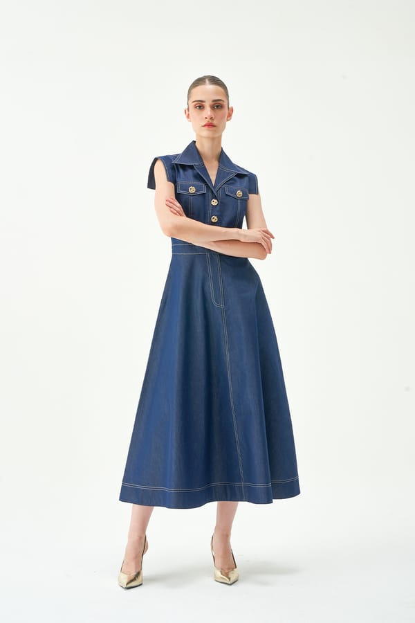 Blue Denim Button-Front Collared Midi Dress — NOTEBOOK