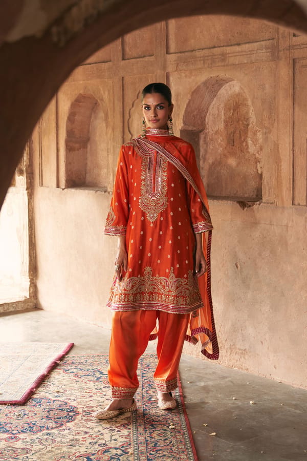 Burnt Orange A-Line Kurta Set with Salwar and Dupatta — Sheetal Batra