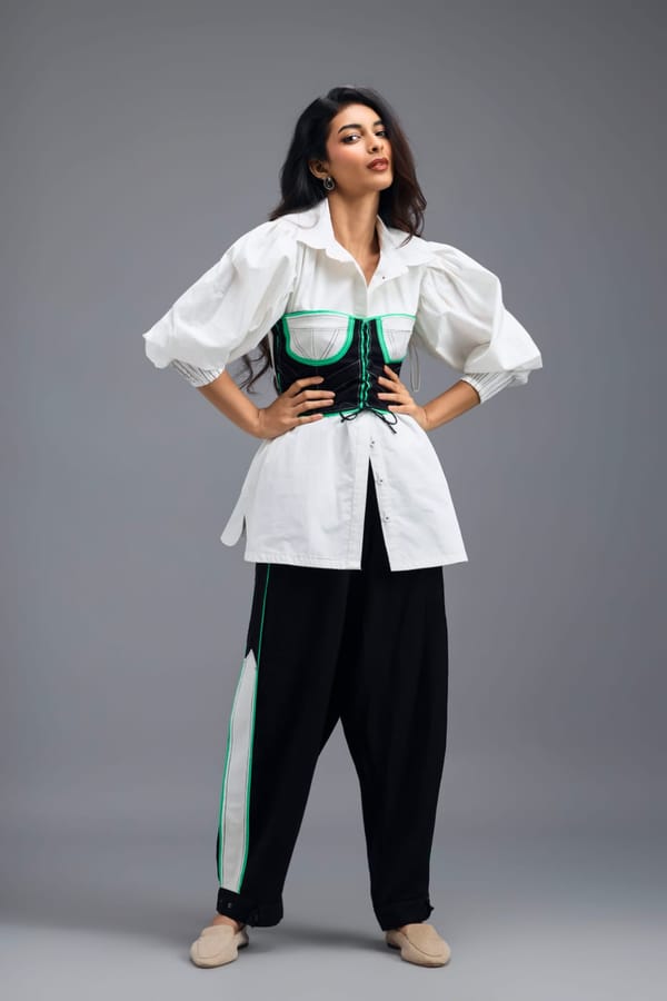 BLACK CO-ORD SET BUSTIER, SHIRT AND TROUSERS — Deepika Arora