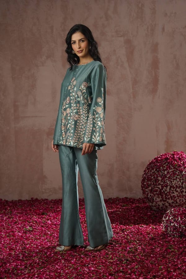 Teal Chanderi Silk Embroidered Co-ord Set with Bell Bottoms — Simar Tuli