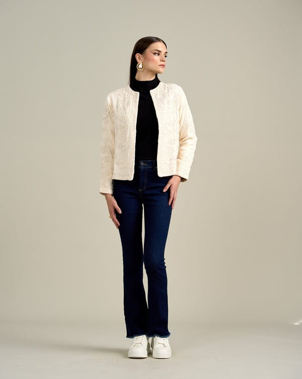 White Tonal Embroidered Cropped Jacket — Style Island