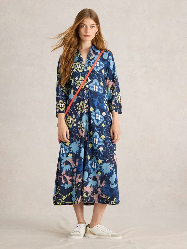 Blue Printed Collared Midi Jersey Dress — White Stuff