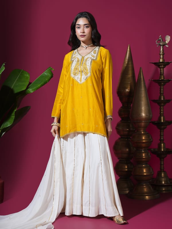 Mustard Keri Short Kurta Palazzo Set — KOMAL SHAH