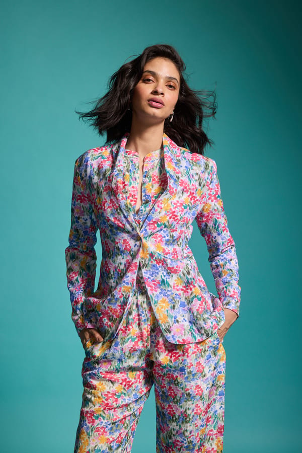 Multi Floral Printed Linen-Blend Blazer with Shawl Lapel — Dash and Dot