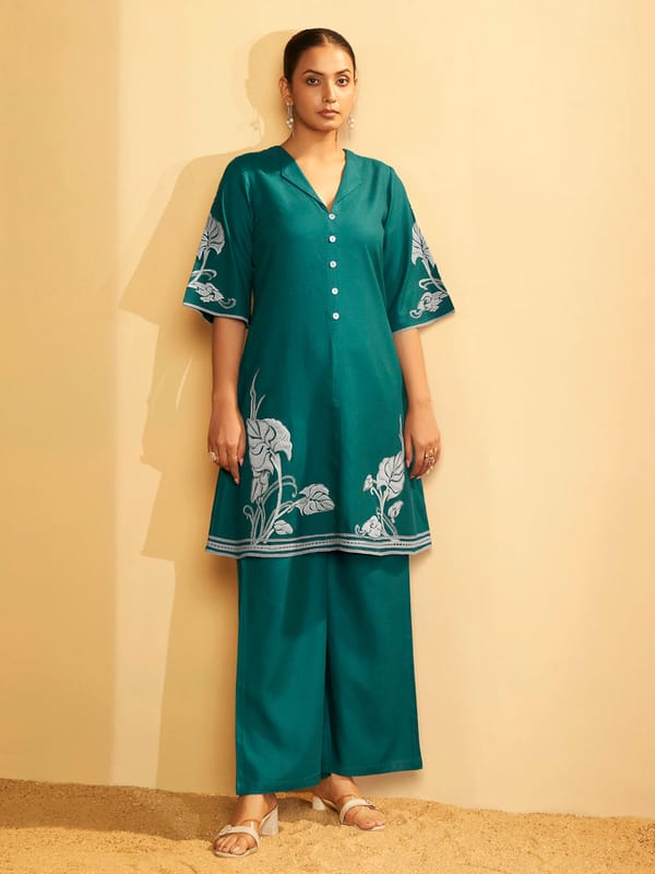 Emerald Green Floral Embroidered Cotton Kurta Set — Truly SMA