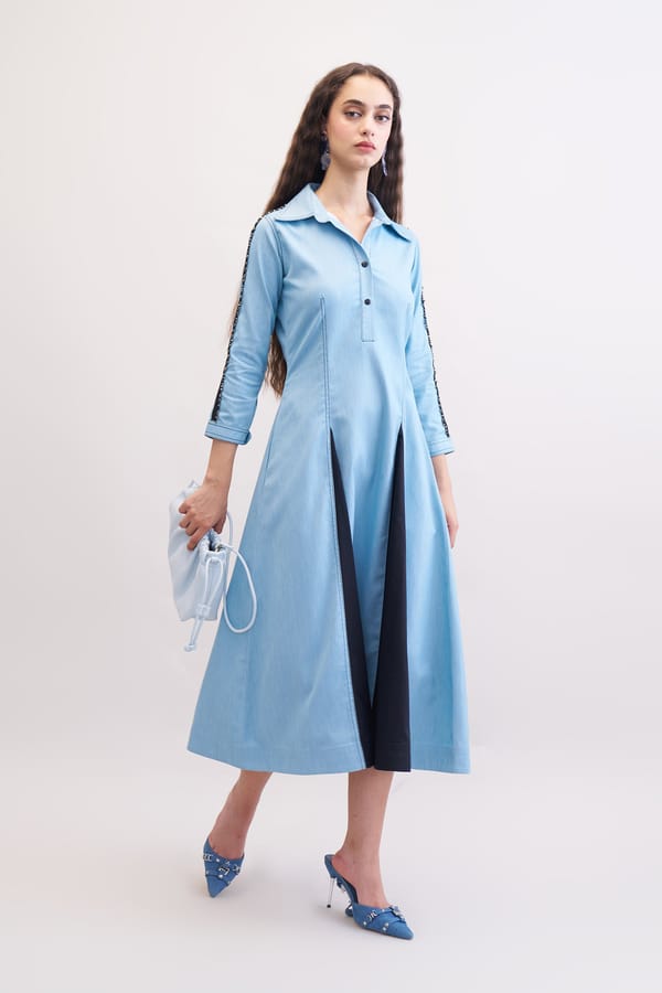 Aqua Denim Fit and Flare Midi Dress with Black Panels — Our Love