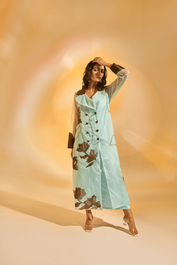 Sea Green Organza Jacket Dress with Floral Patchwork — An'era by Asmita Verma
