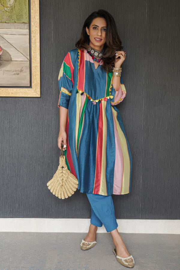 Multicolour Stripe Cape With Pintuck Pant Set — SHIVANI BHARGAVA