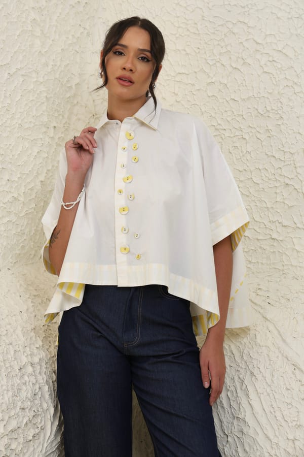 White Cotton Cape Shirt with Yellow Stripe Button Details — Rhe-Ana