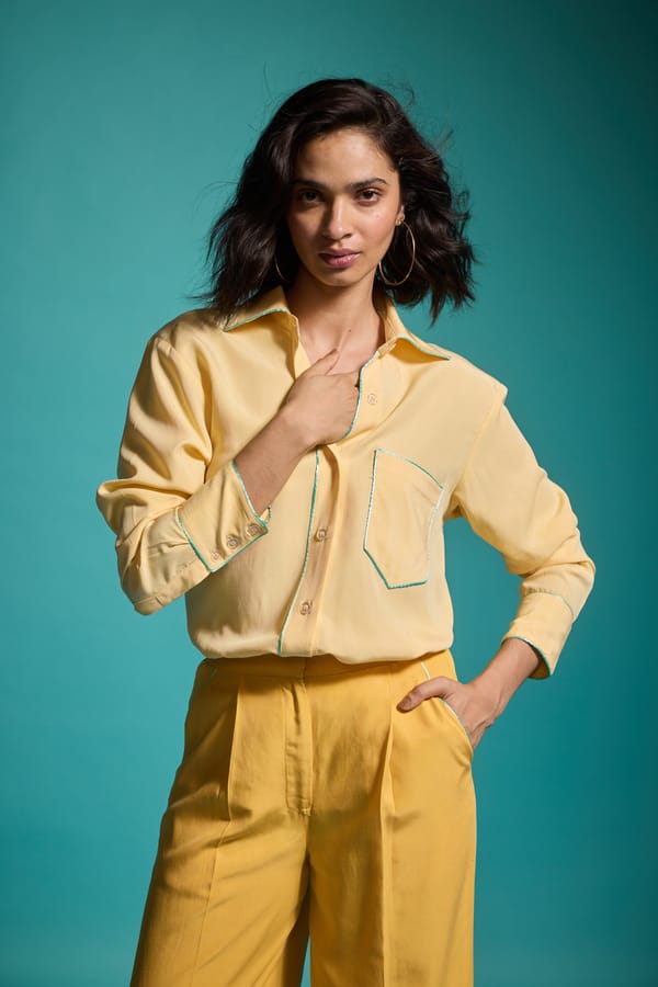 Lemon Yellow Contrast Piping Relaxed-Fit Tencel Shirt — Dash and Dot