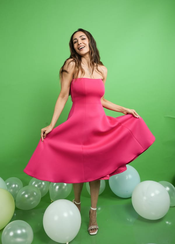 Fuchsia Neoprene Strapless Fit and Flare Midi Dress — OZEQO