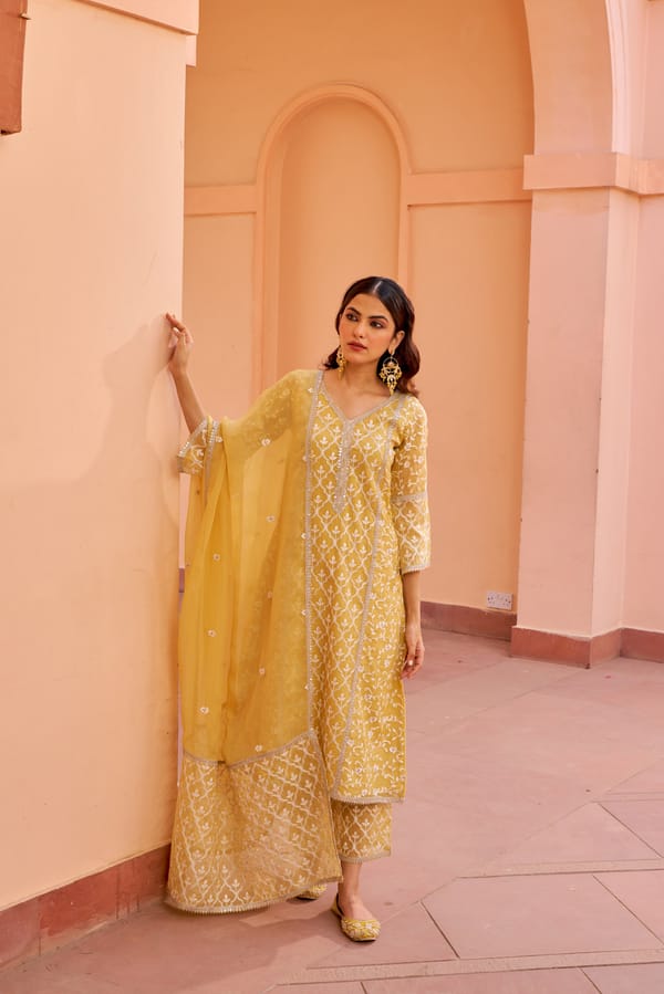 Yellow Embroidered Organza A-Line Kurta Set With Dupatta — NARAYANI VASTRA
