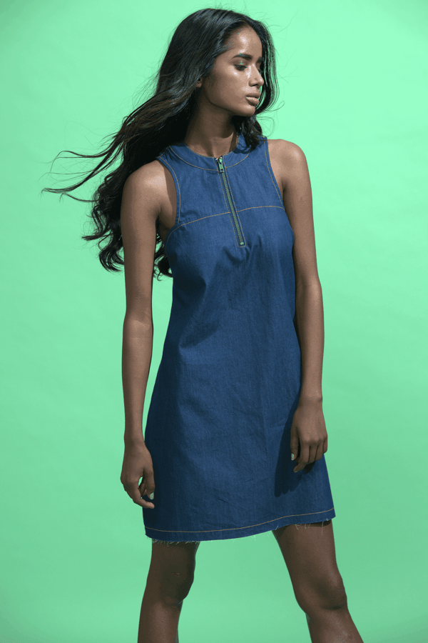 Denim Zip-Front Sleeveless Mini Dress — Dash and Dot