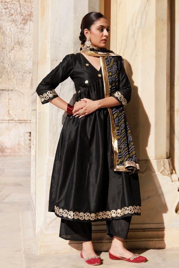 Black Gota Patti Work Dupion Silk Kurta Set — Bannhi by Priyanka Rathore