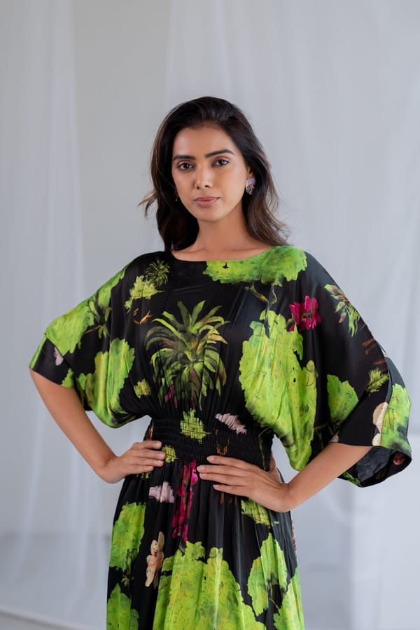 Black Satin Kaftan Maxi Dress with Forest Safari Print — Silai studio