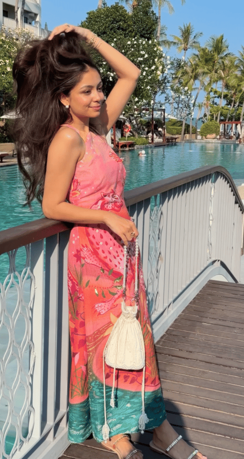 Pink Printed Sleeveless Maxi Dress in Denim Cotton — Payal Zinal