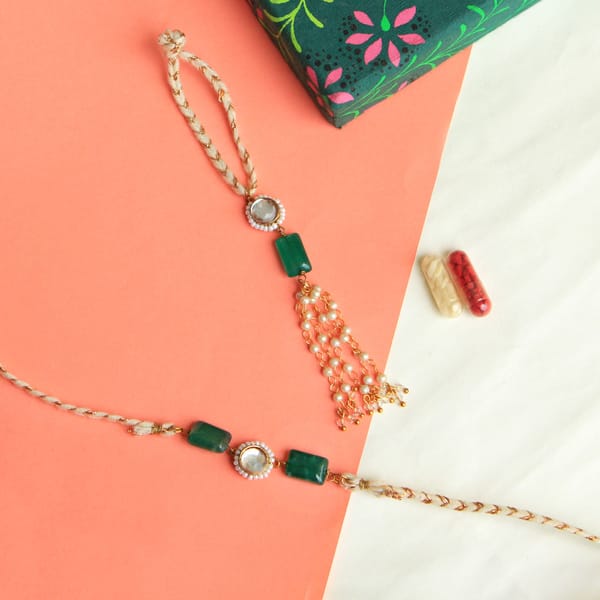 BeAbhika Bhahiya Bhabhi Green Stone & Pearl Tassel Rakhi Luma Set With Roli Chawal Capsules — BeAbhika