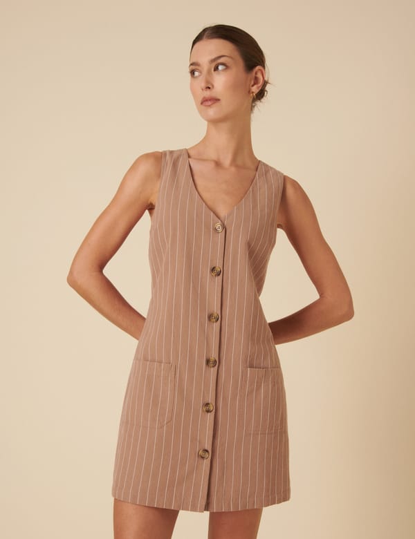 Stone Pinstripe Button-Front Pinafore Mini Dress — Nobody's Child
