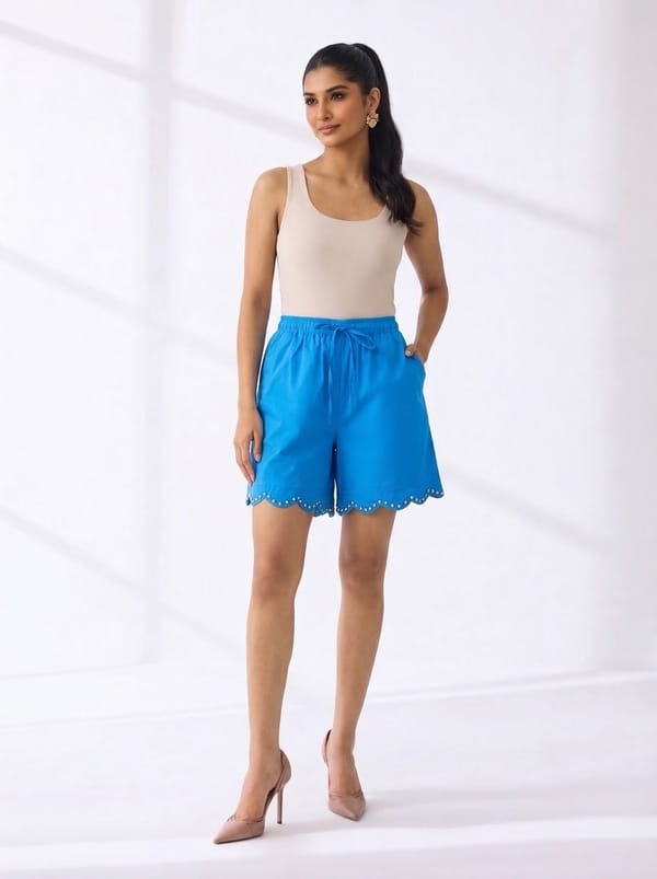 Blue Drawstring Shorts with Scalloped Hem — SISTER JANE